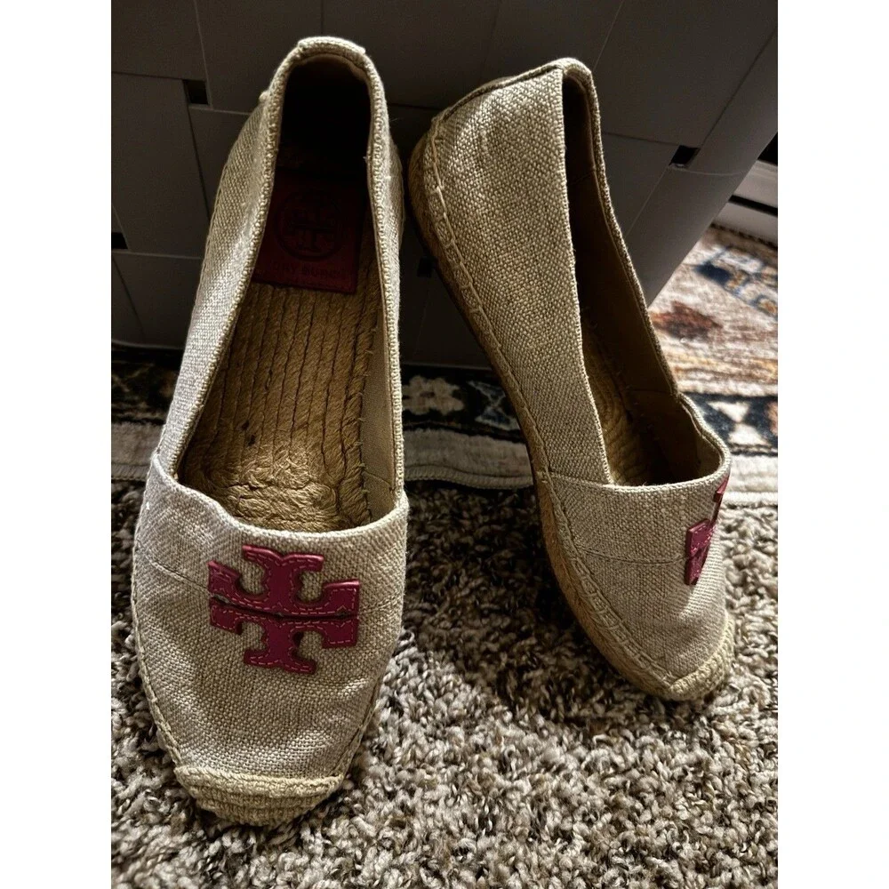EUC Tory Burch Weston Women Beige Pink Logo Slip On Espadrilles Flats Shoe Sz 7